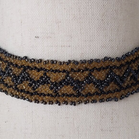 Vintage Beaded Wide Choker Gold Platinum & Black Glass Seed Beads 1" x 14.5" - Picture 1 of 11